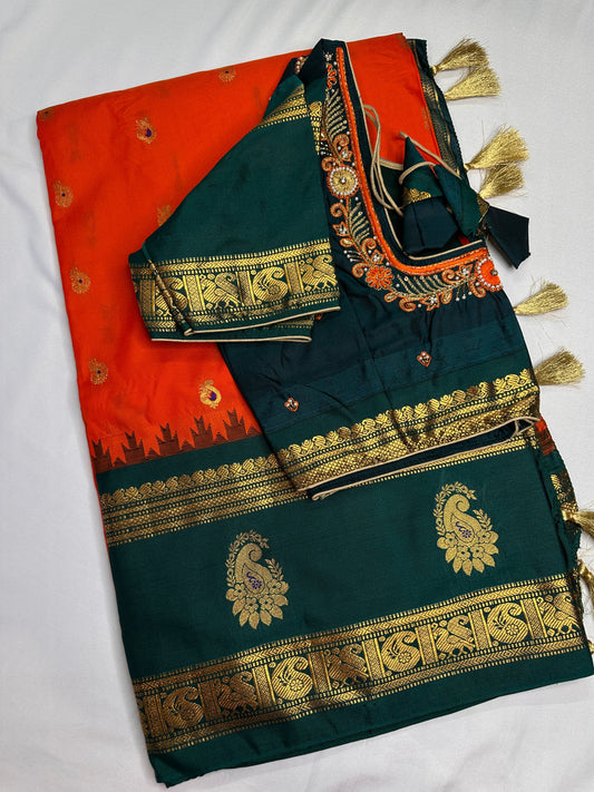 Orange Green Traditional Semi Gadwal Saree