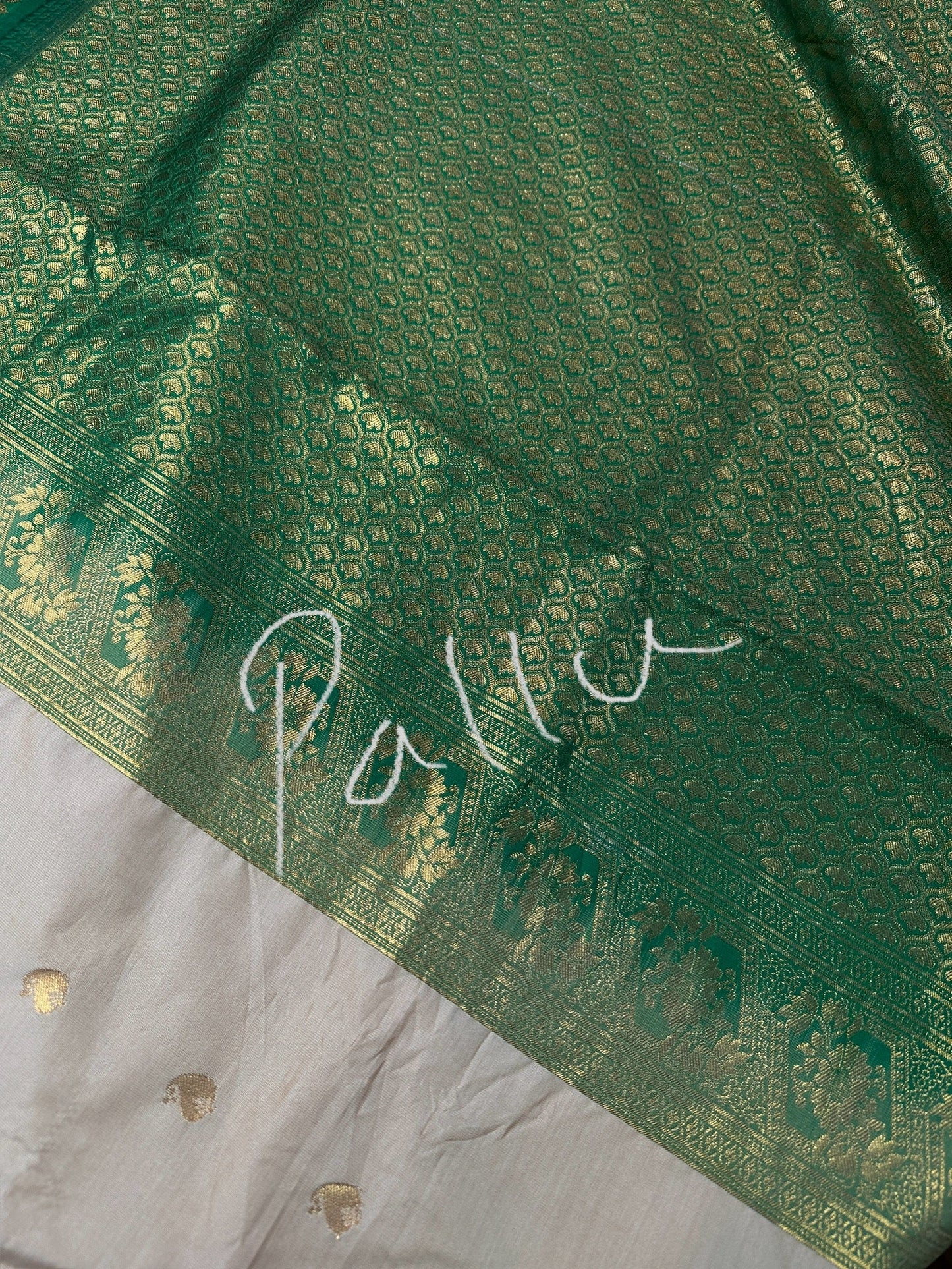 Semi Gadwal Silk Cream Green Saree