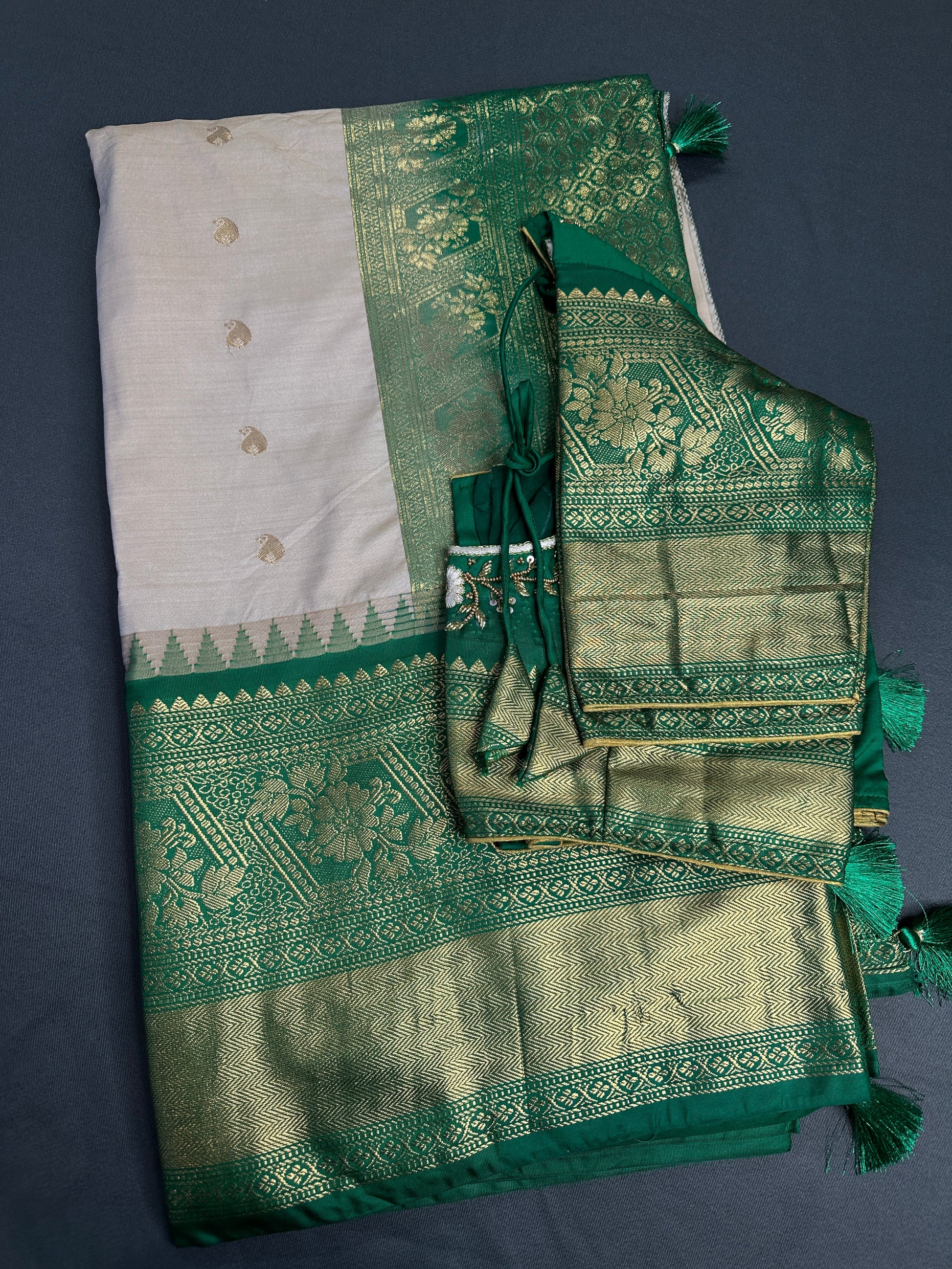 Semi Gadwal Silk Cream Green Saree