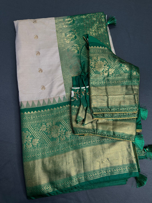 Semi Gadwal Silk Cream Green Saree