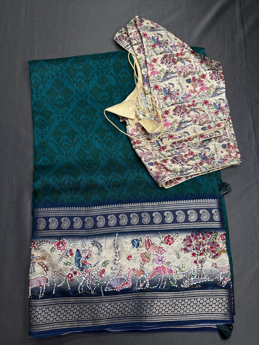 Pure Crepe Worli Green Saree