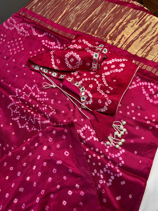 Bandhani Bhandej Pink Modal Silk Saree - 