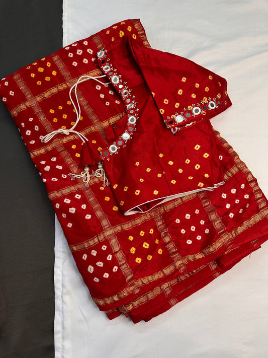 Bandhani Bhandej Gharchola Modal Silk Red Saree - 