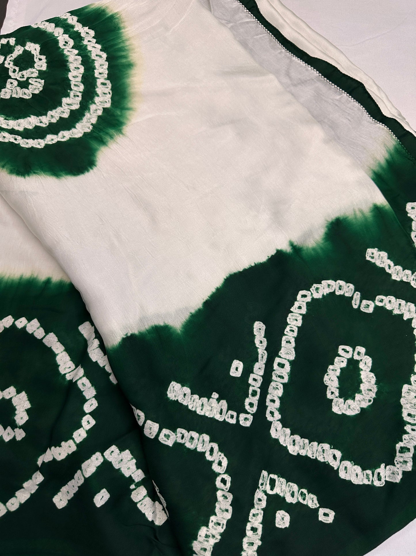 Bandhani Bhandej Half and Half White Green modal Silk Saree - 