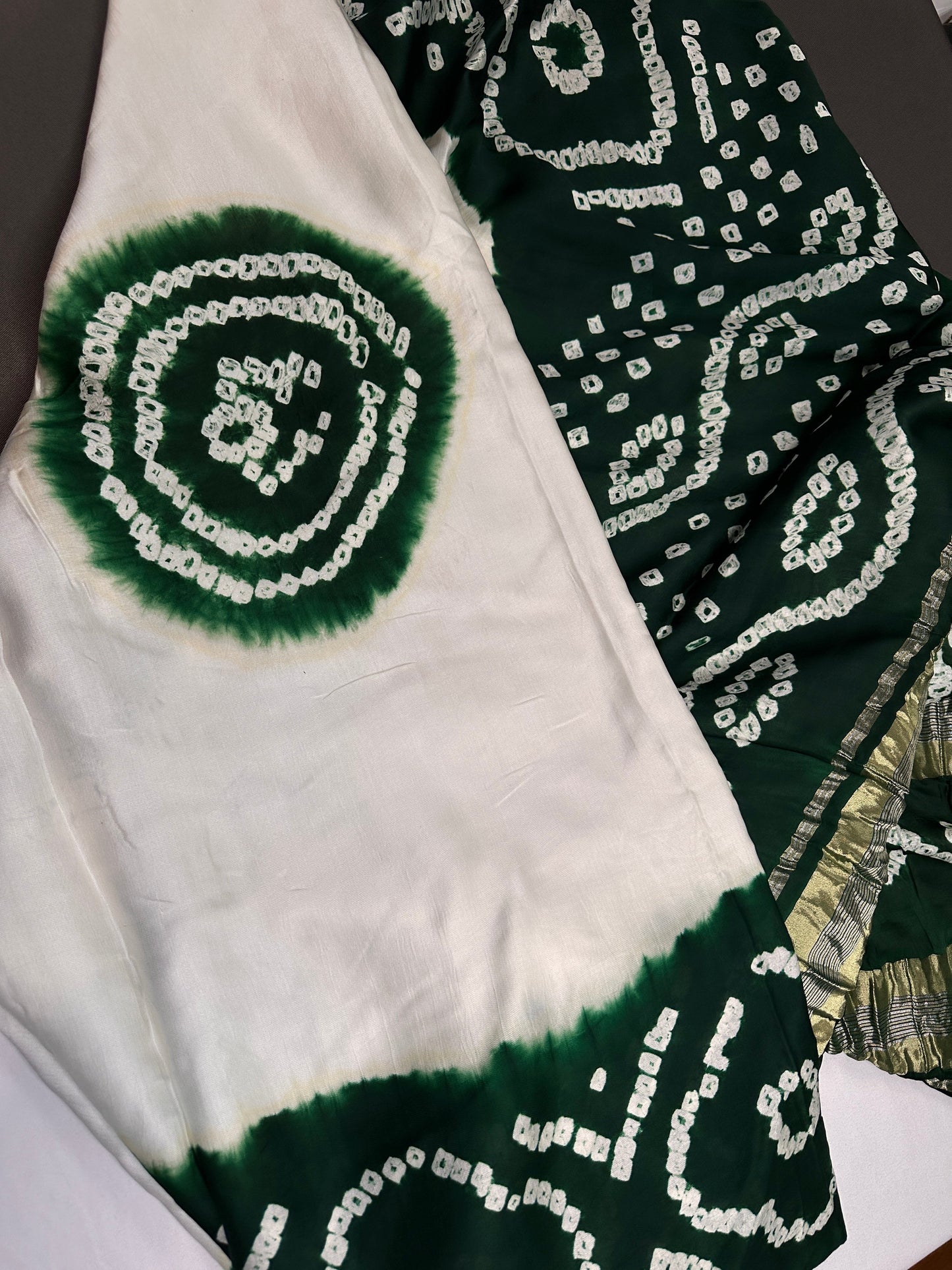 Bandhani Bhandej Half and Half White Green modal Silk Saree - 