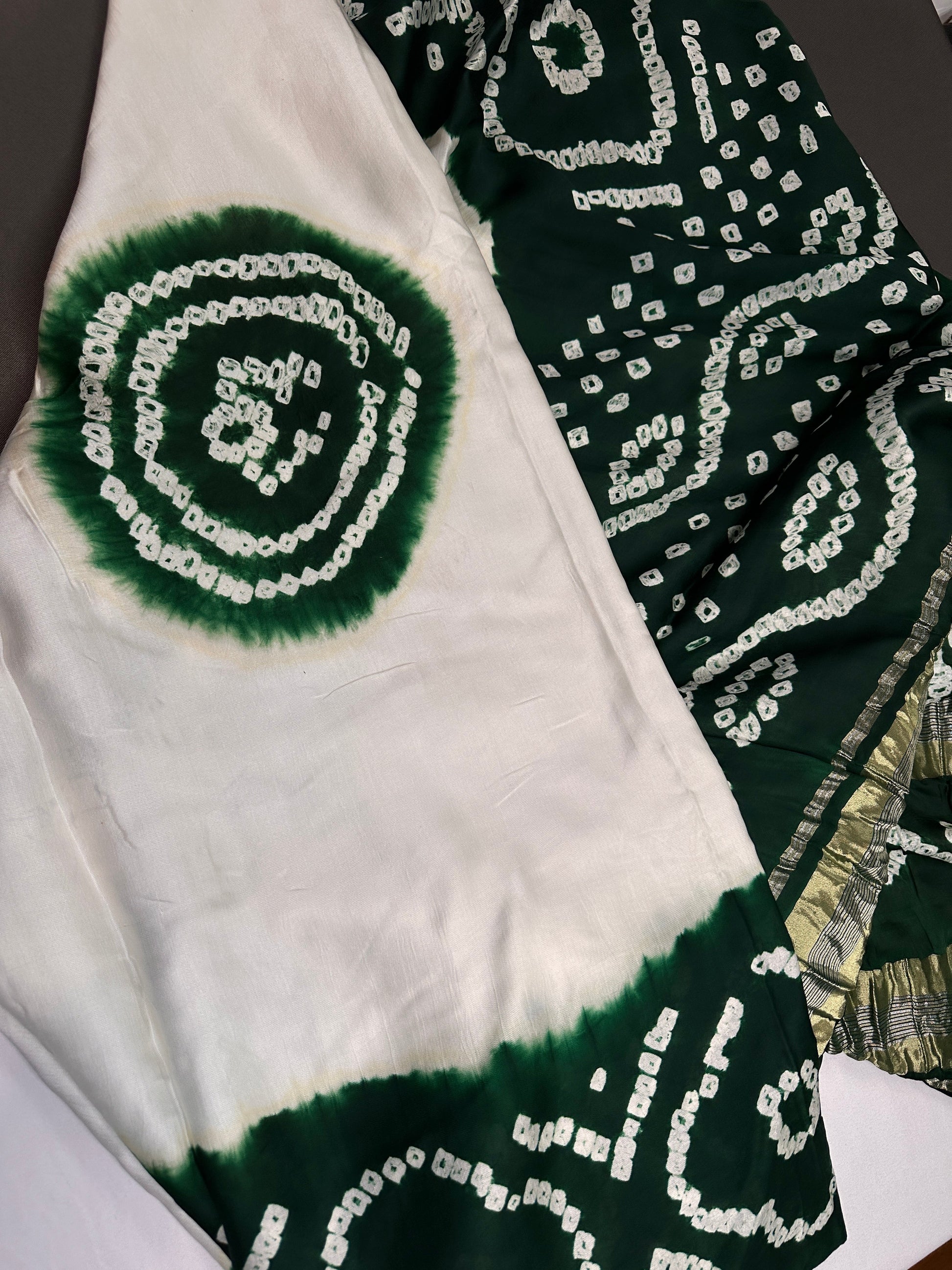 Bandhani Bhandej Half and Half White Green modal Silk Saree - 