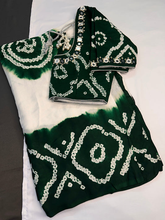 Bandhani Bhandej Half and Half White Green modal Silk Saree - 