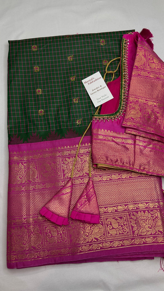 Check Semi Gadwal Silk Green Pink Saree - 