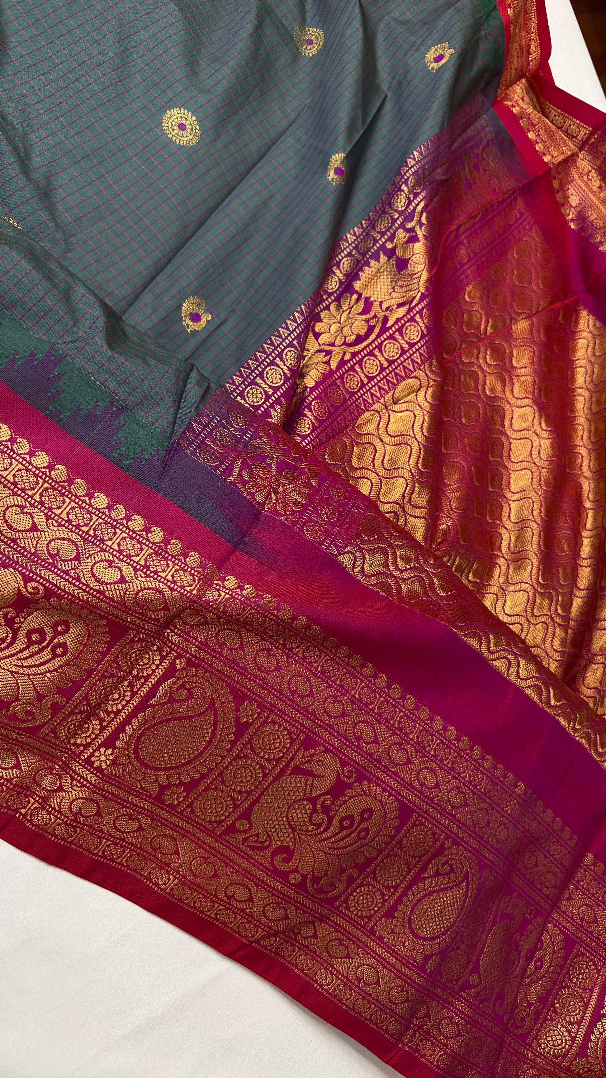 Check Semi Gadwal Silk Green Pink Saree - 