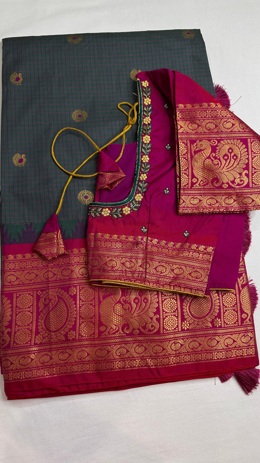 Check Semi Gadwal Silk Green Pink Saree - 