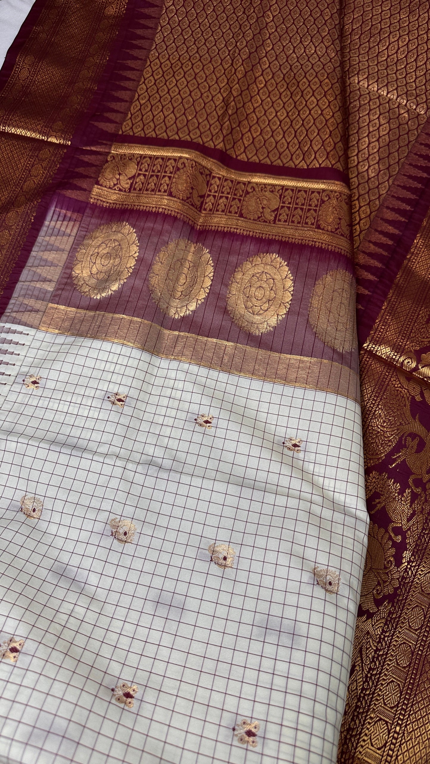 Check Semi Gadwal Silk Half White Maroon Saree - 
