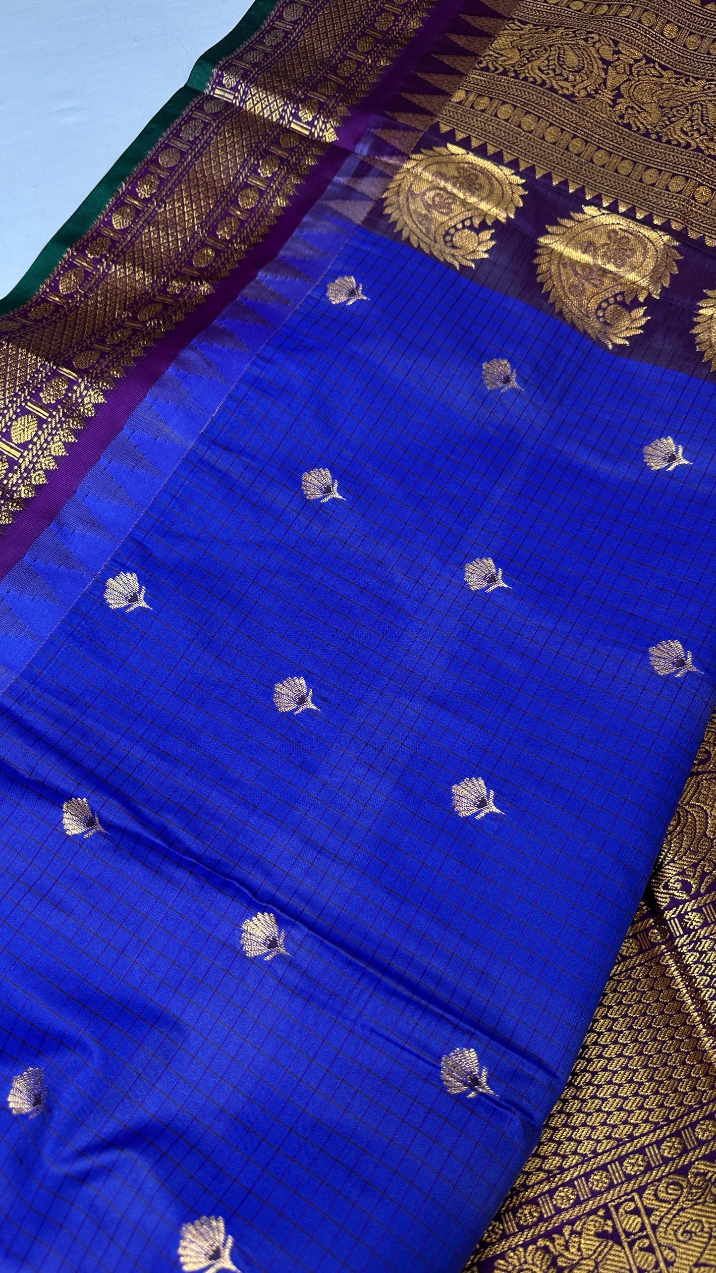 Blue Purple Check Semi Gadwal Silk  Saree - 