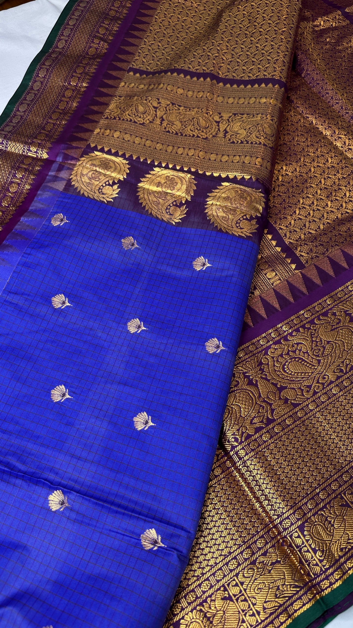 Blue Purple Check Semi Gadwal Silk  Saree - 