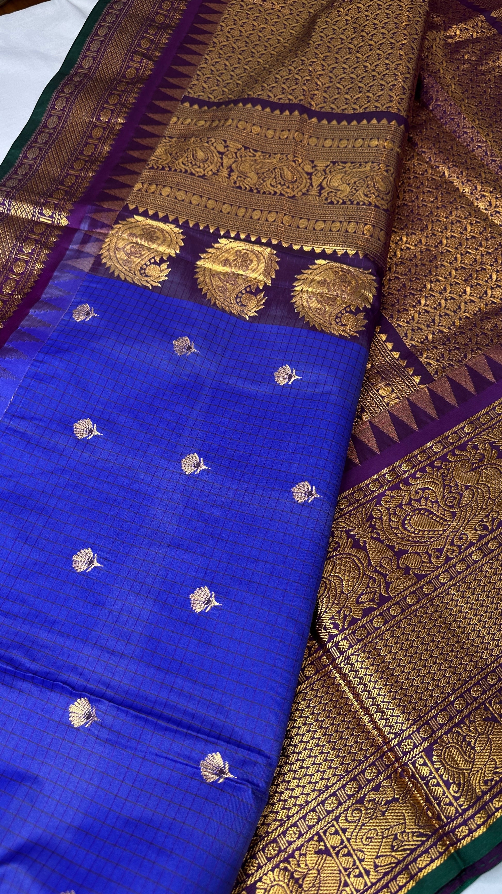 Blue Purple Check Semi Gadwal Silk  Saree - 