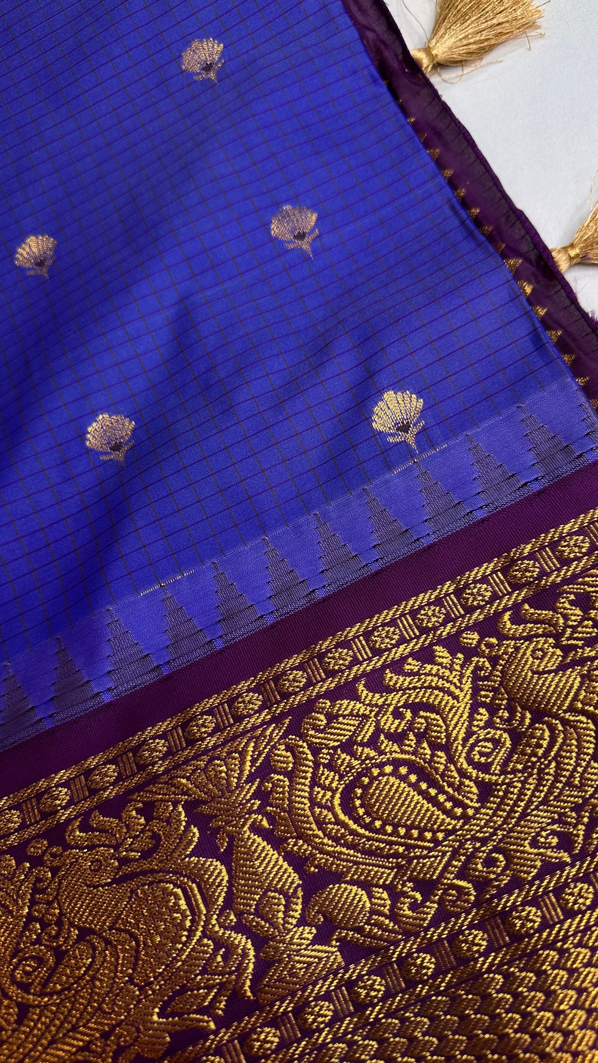 Blue Purple Check Semi Gadwal Silk  Saree - 