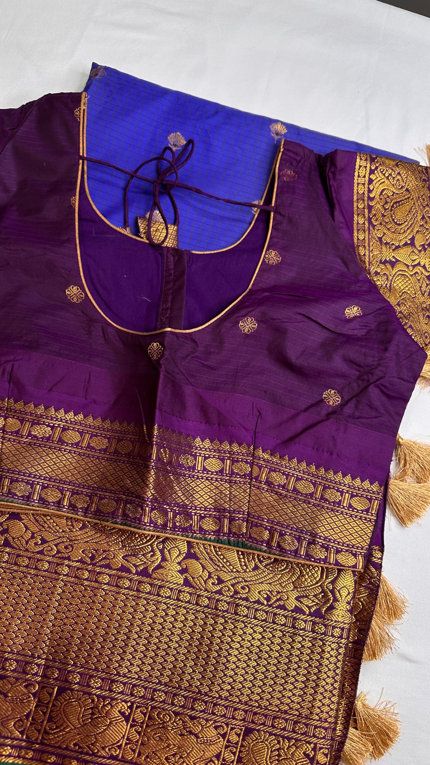Blue Purple Check Semi Gadwal Silk  Saree - 