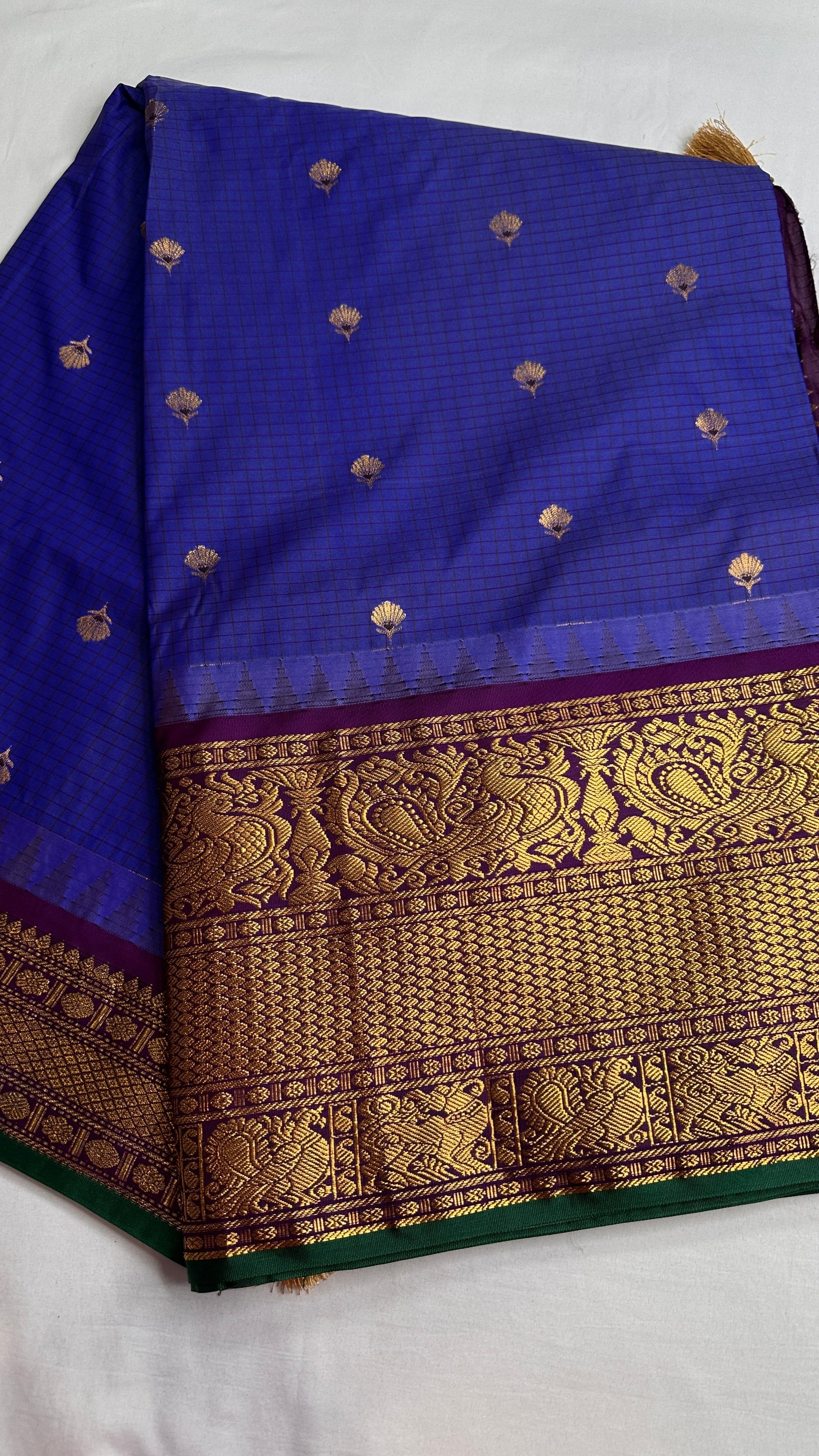 Blue Purple Check Semi Gadwal Silk  Saree - 