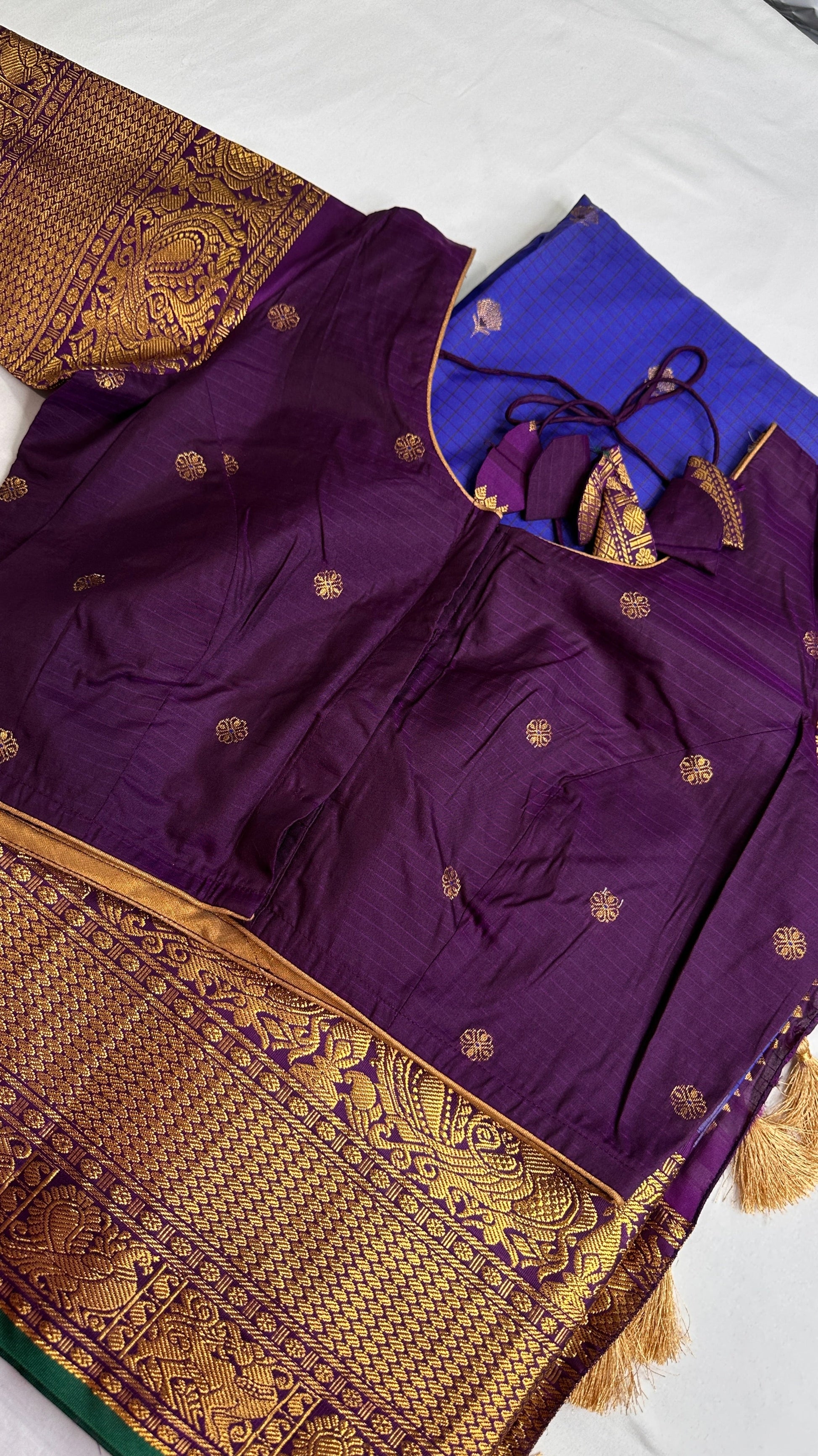 Blue Purple Check Semi Gadwal Silk  Saree - 