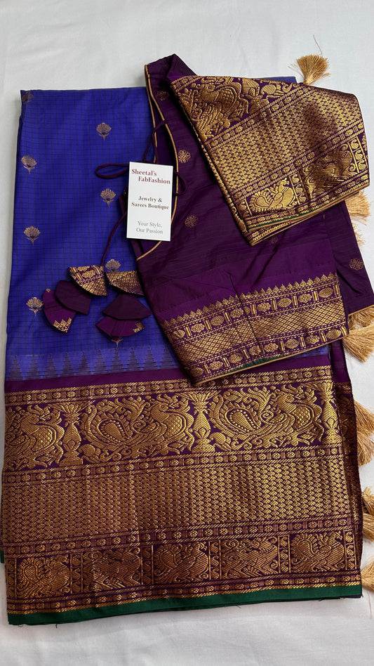 Blue Purple Check Semi Gadwal Silk  Saree - 