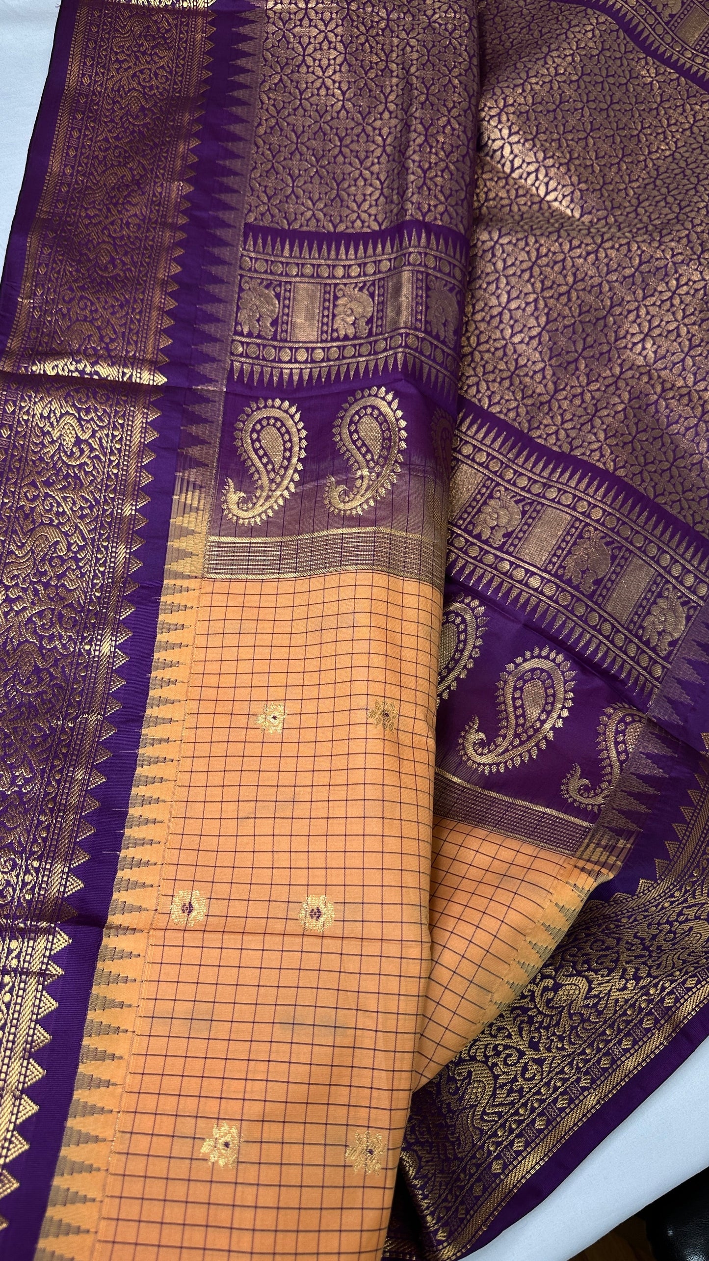Mustard Purple Check Semi Gadwal Silk  Saree - 