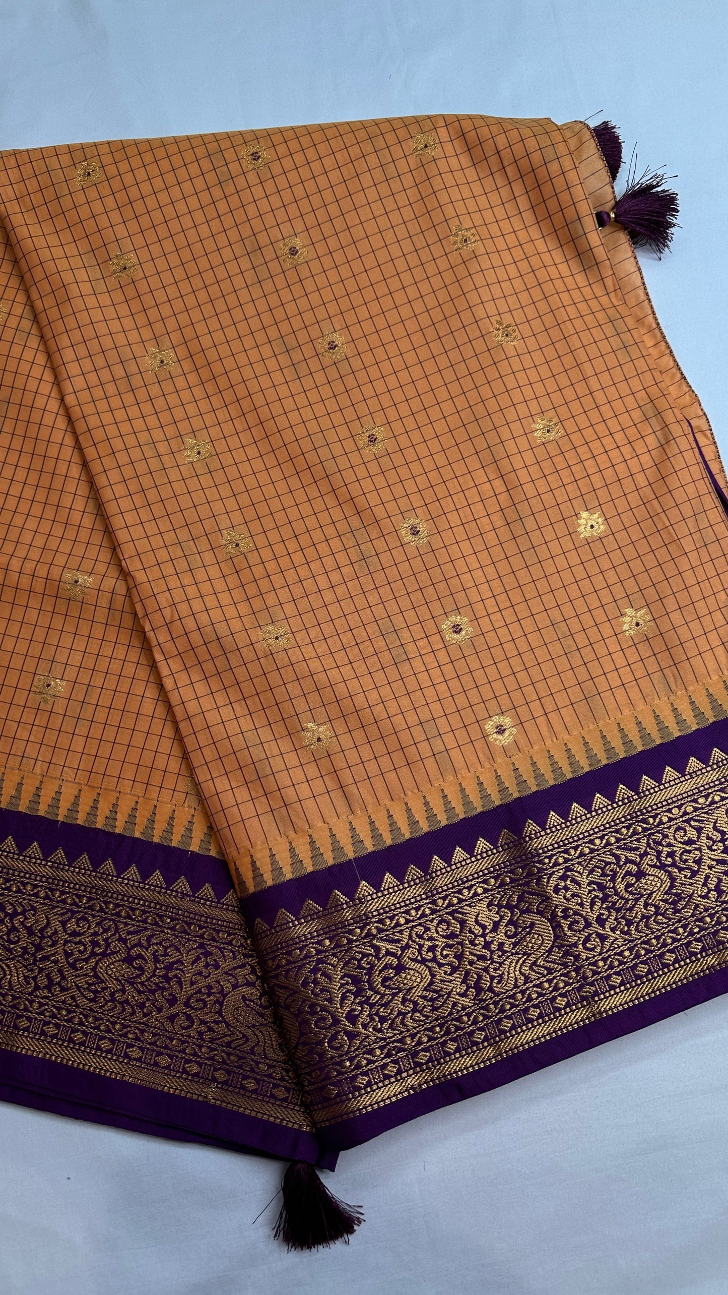 Mustard Purple Check Semi Gadwal Silk  Saree - 