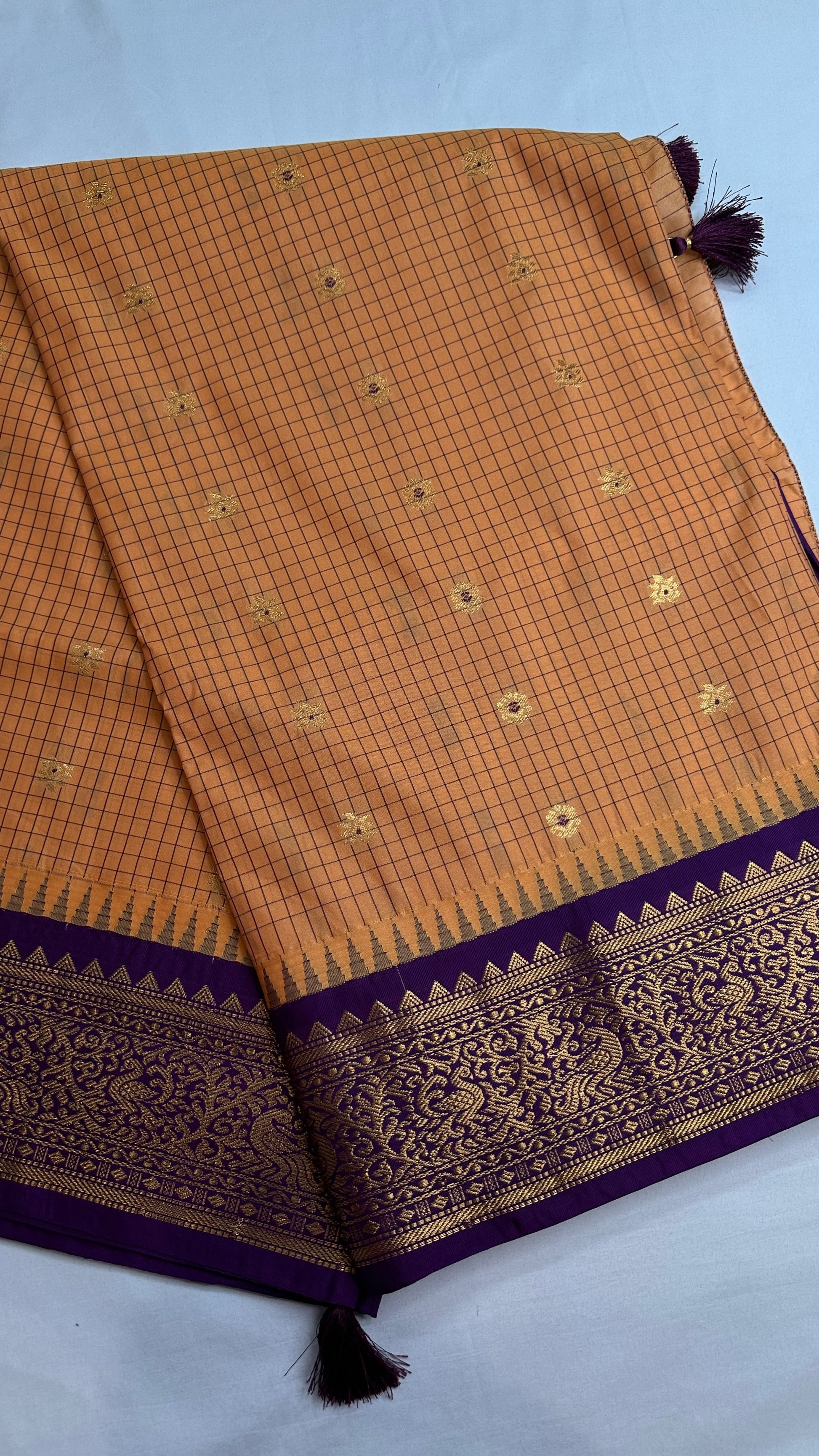 Mustard Purple Check Semi Gadwal Silk  Saree - 