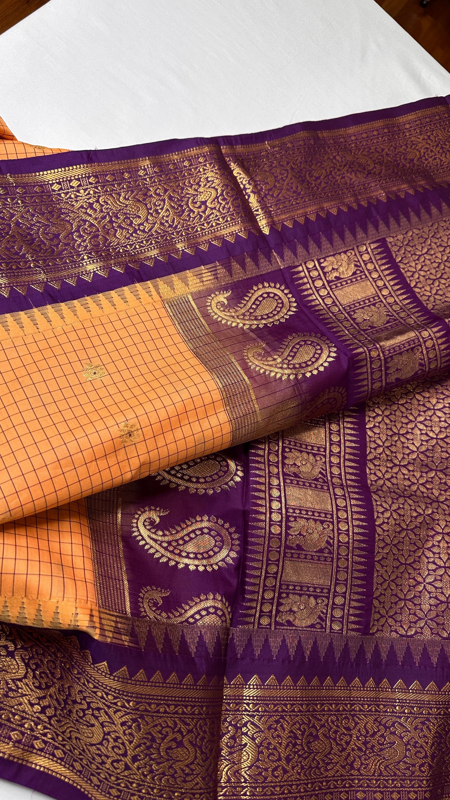 Mustard Purple Check Semi Gadwal Silk  Saree - 