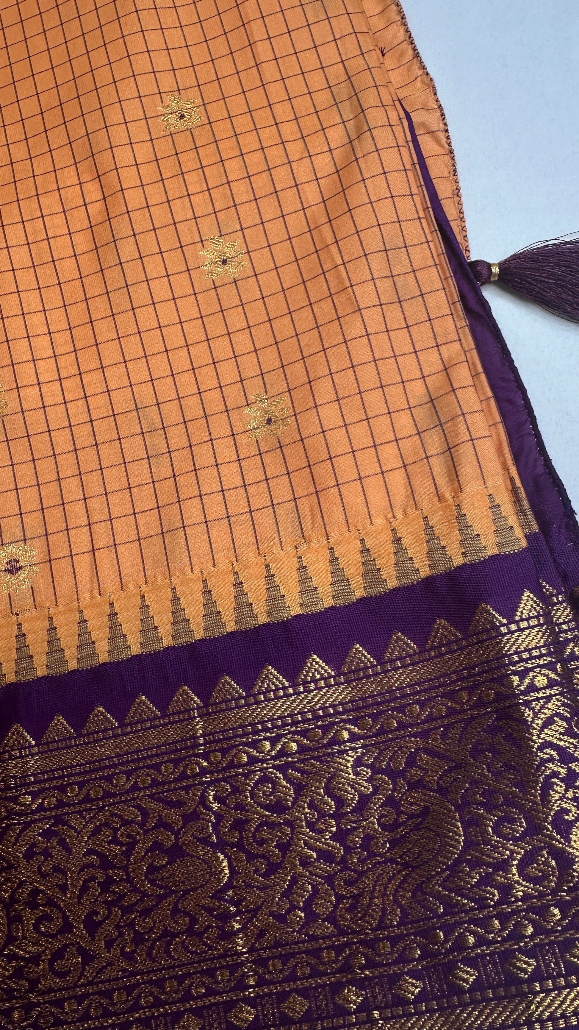 Mustard Purple Check Semi Gadwal Silk  Saree - 