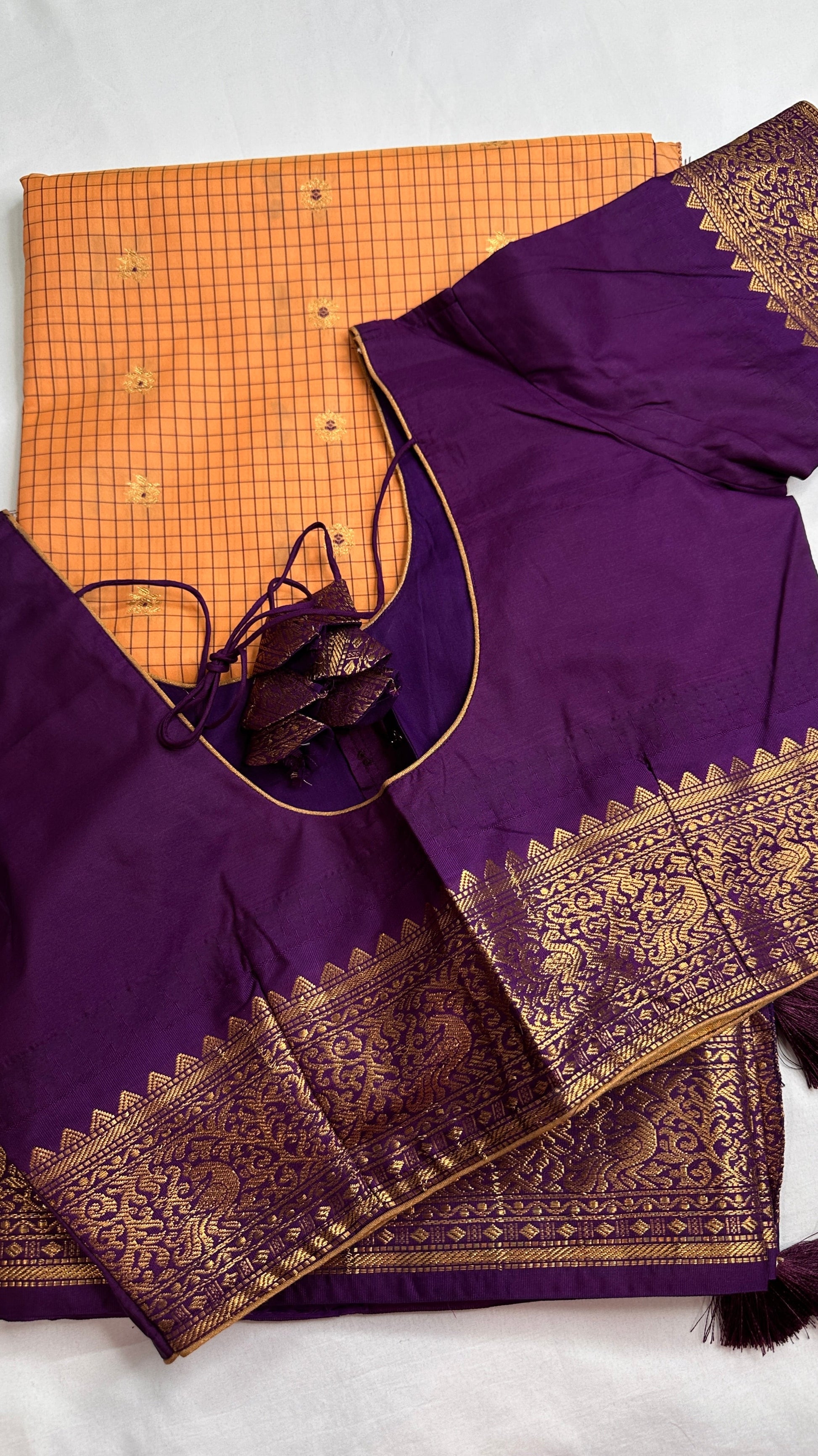 Mustard Purple Check Semi Gadwal Silk  Saree - 