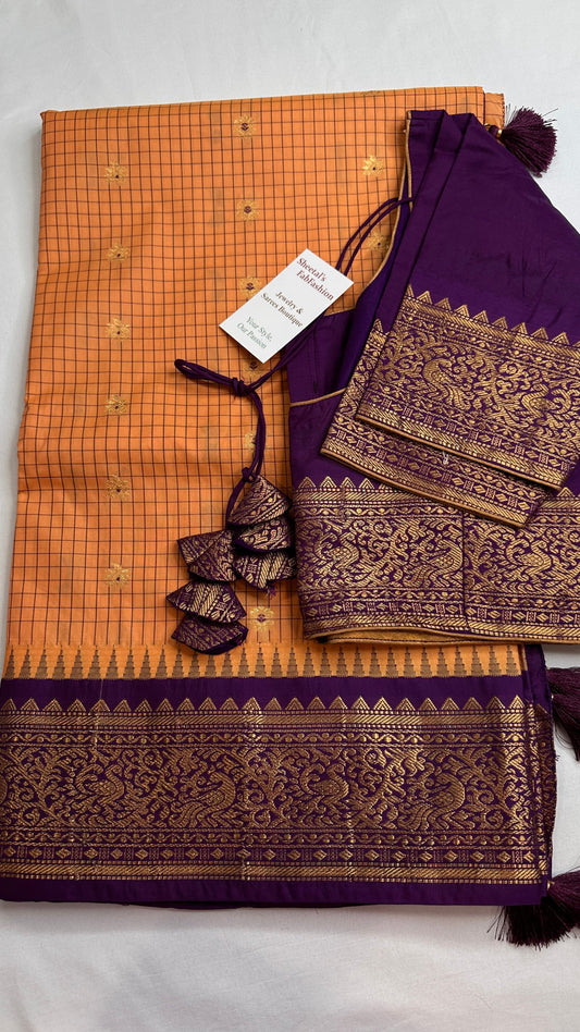Mustard Purple Check Semi Gadwal Silk  Saree - 