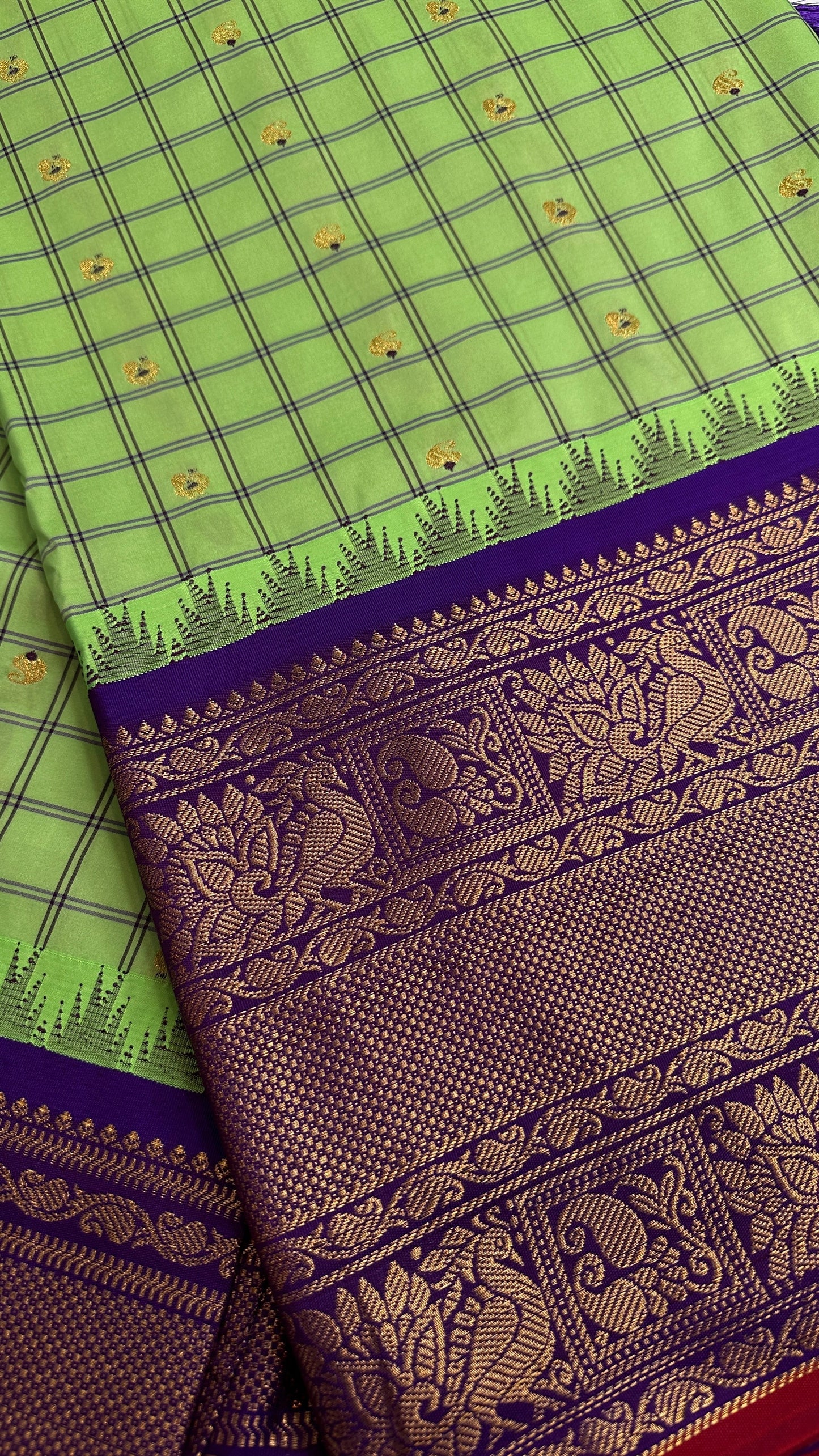 Green Check Semi Gadwal Silk  Saree - 