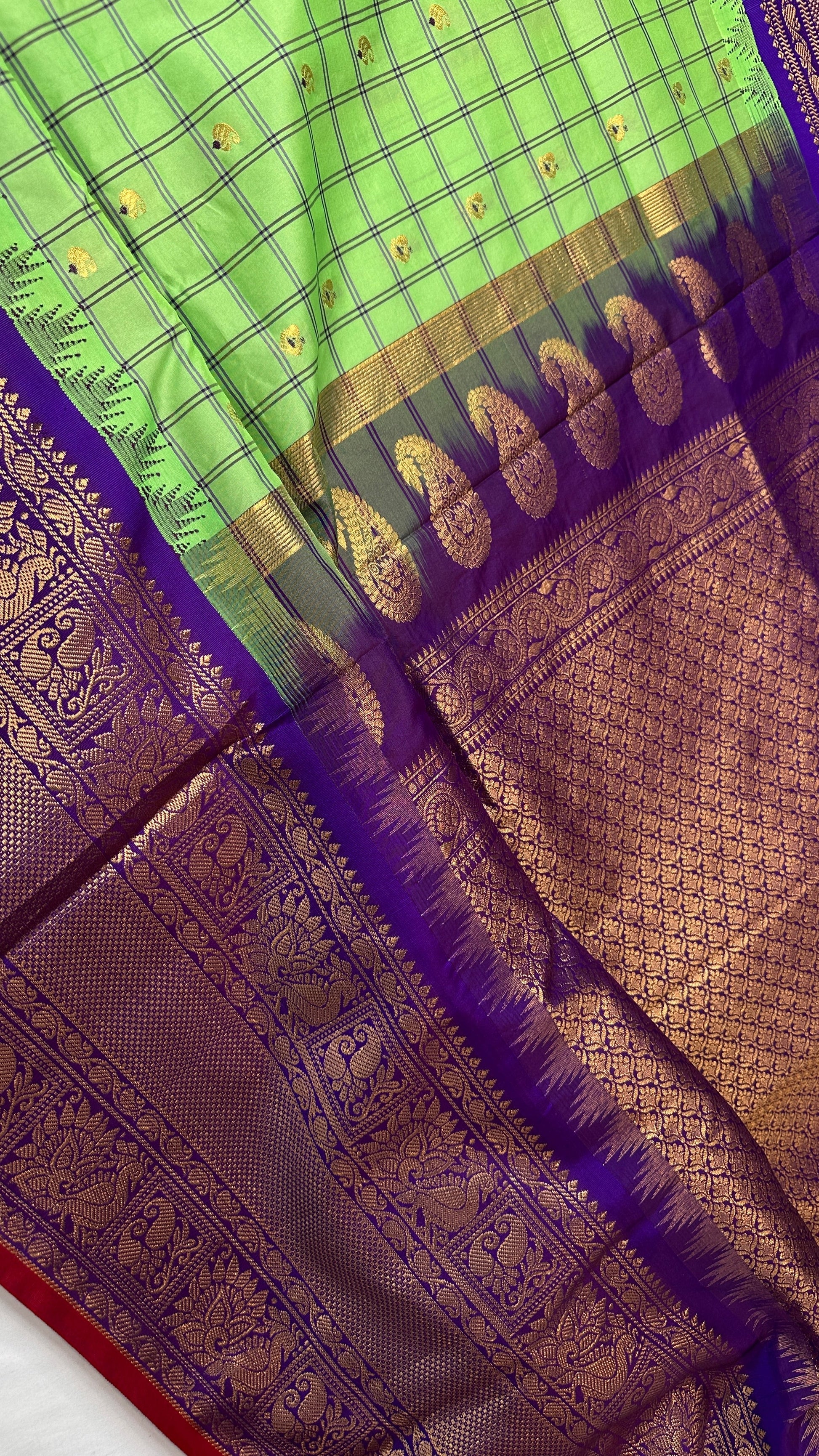 Green Check Semi Gadwal Silk  Saree - 