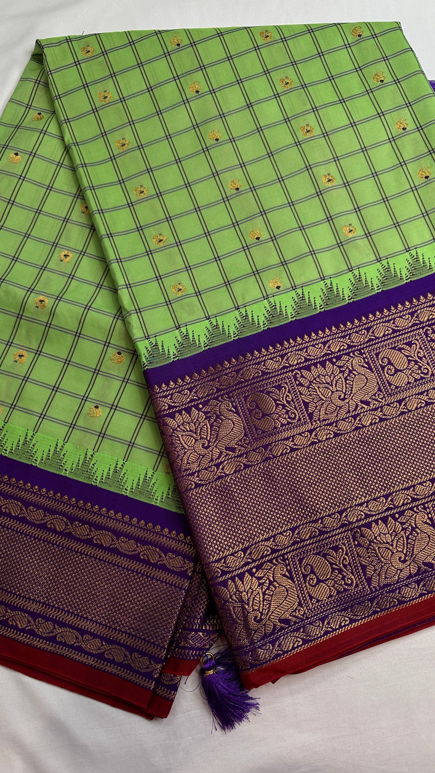 Green Check Semi Gadwal Silk  Saree - 