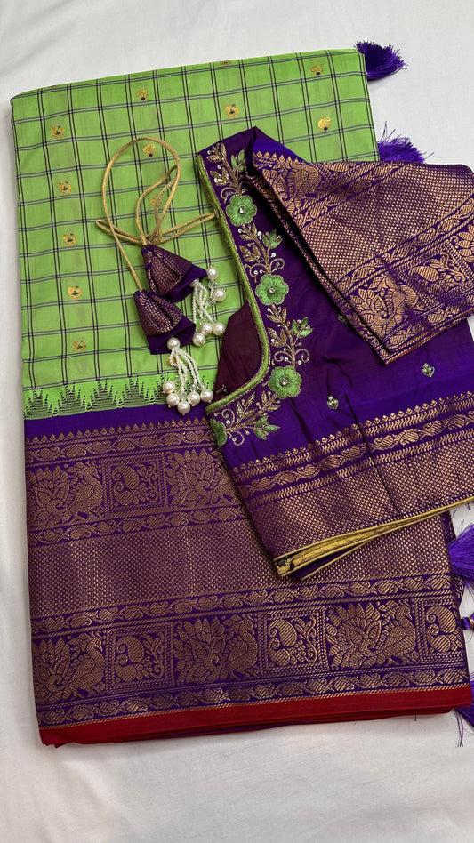 Green Check Semi Gadwal Silk  Saree - 