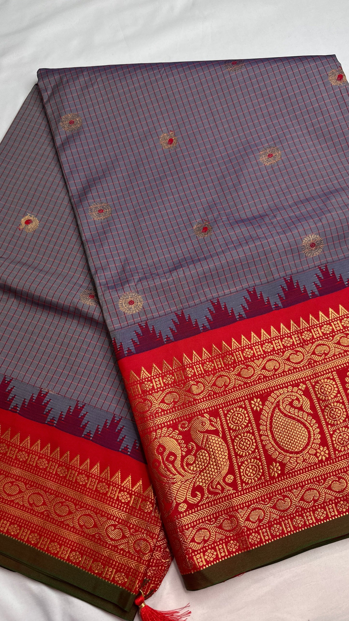 Blue Grey Check Semi Gadwal Silk  Saree - 