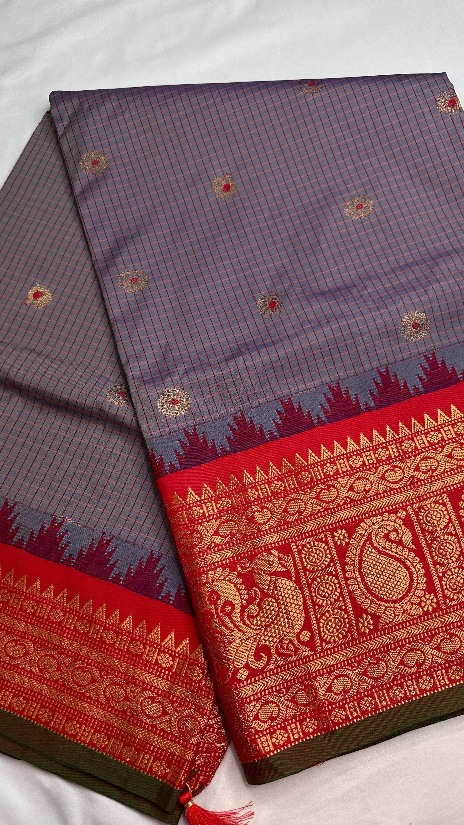 Blue Grey Check Semi Gadwal Silk  Saree - 