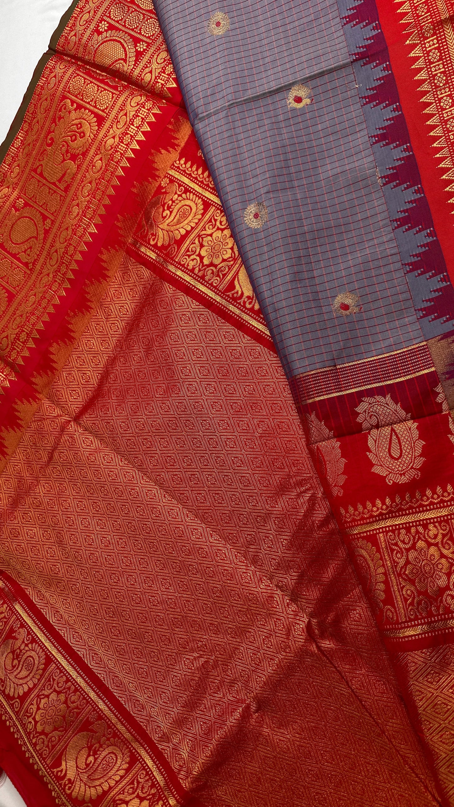 Blue Grey Check Semi Gadwal Silk  Saree - 