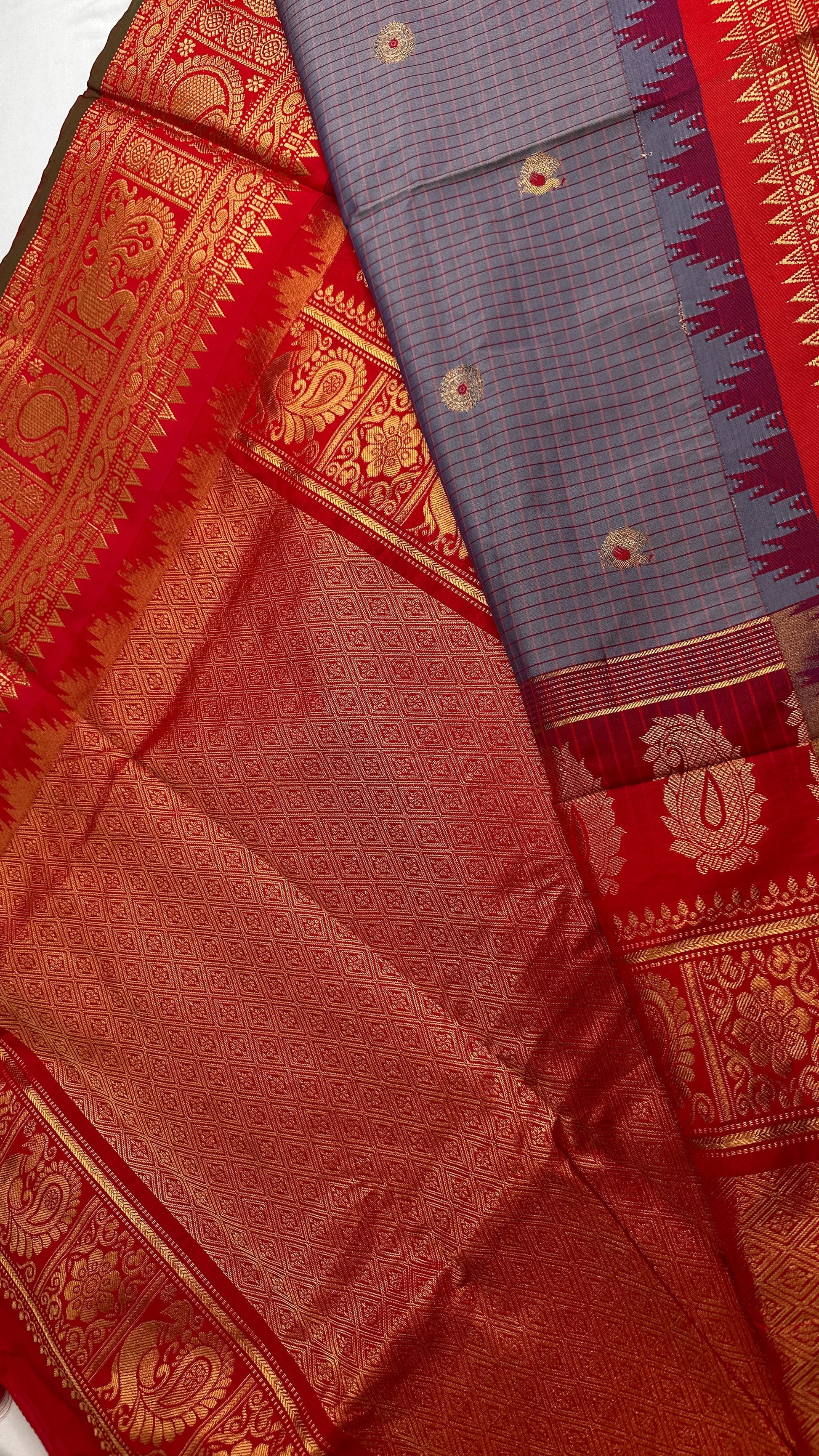 Blue Grey Check Semi Gadwal Silk  Saree - 