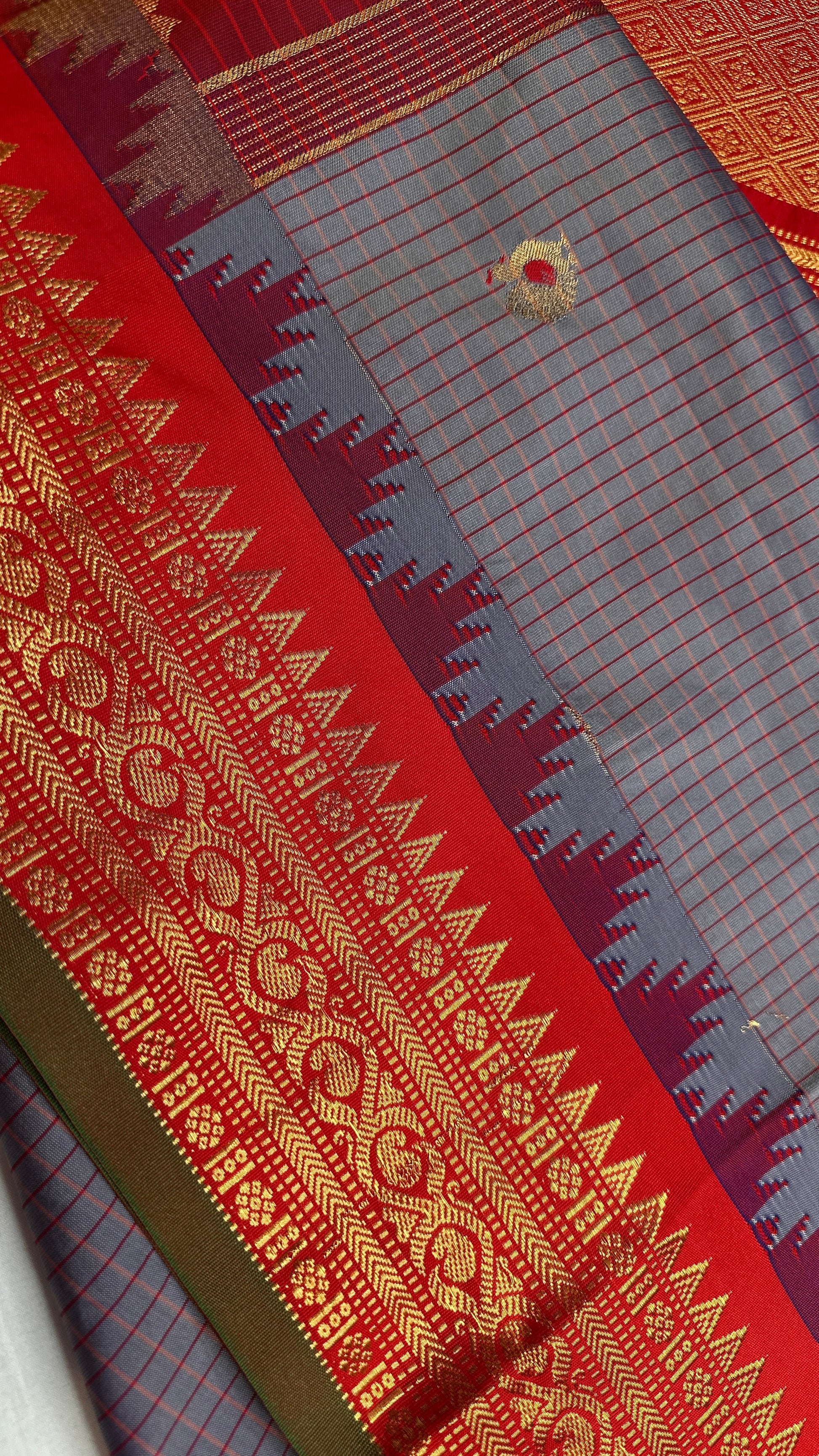 Blue Grey Check Semi Gadwal Silk  Saree - 
