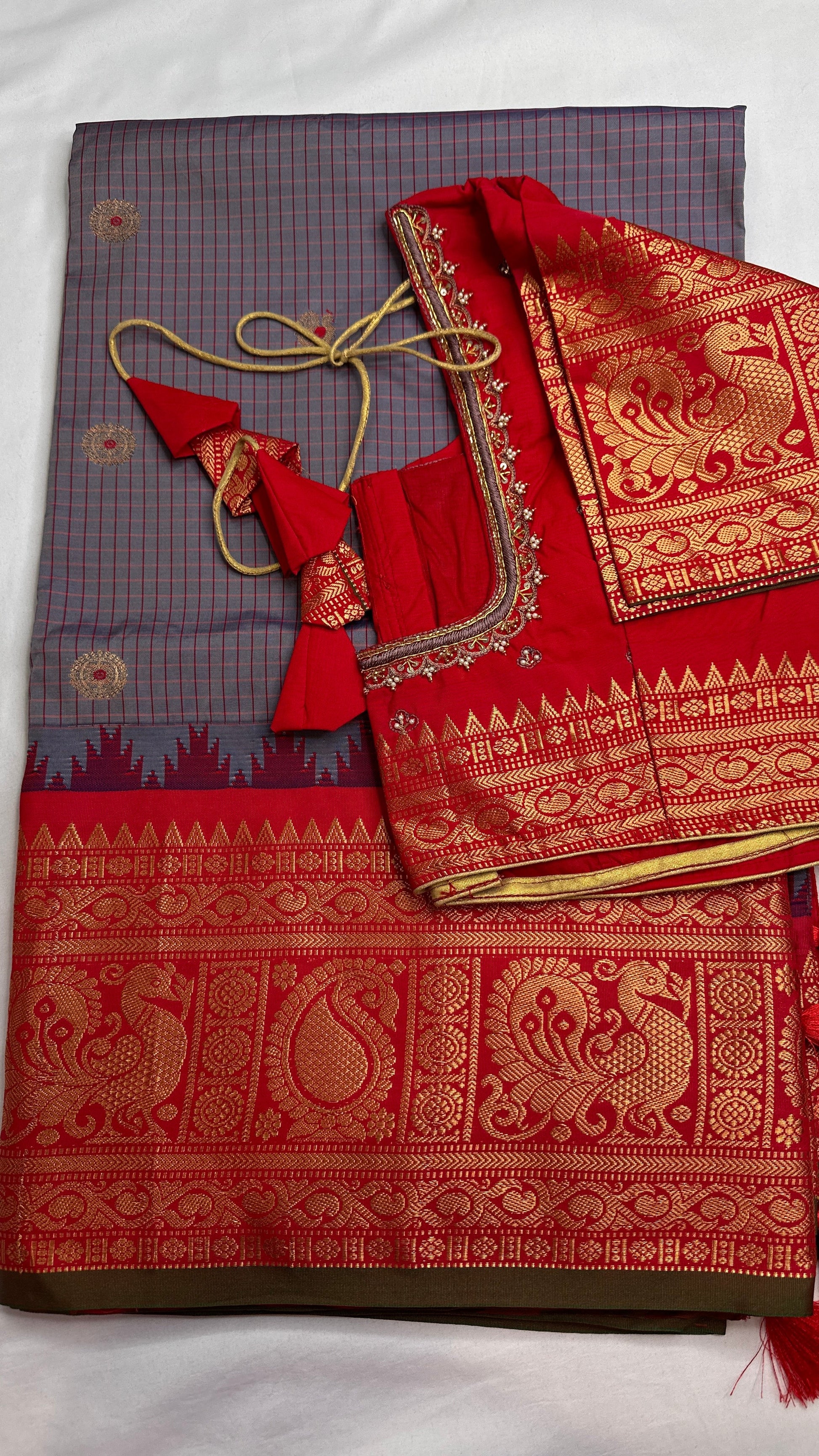 Blue Grey Check Semi Gadwal Silk  Saree - 