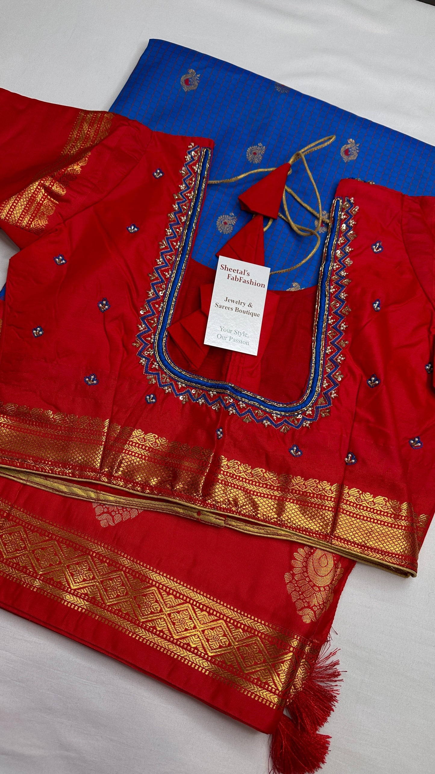 Blue Red Semi Gadwal Silk Saree - 