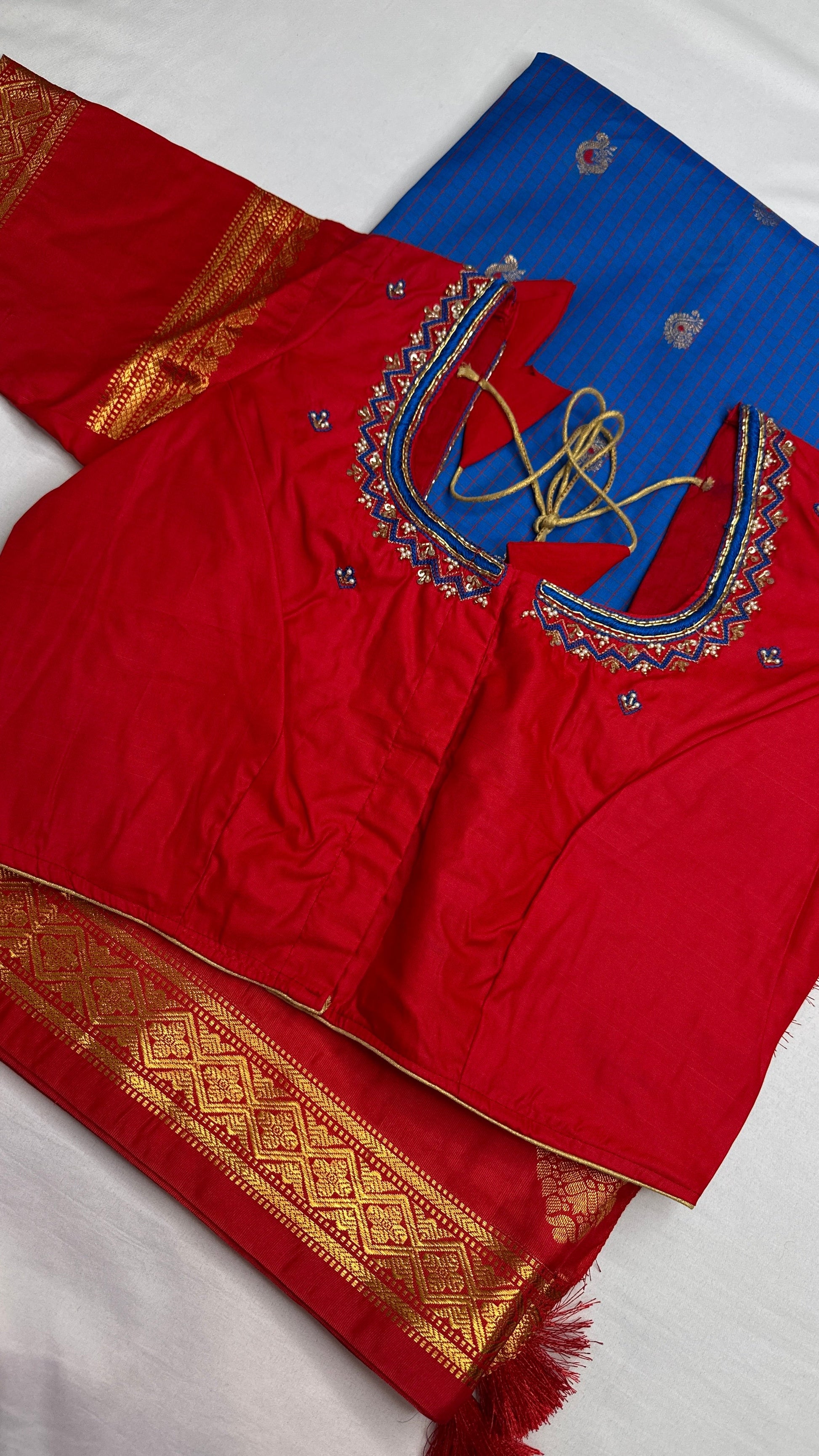 Blue Red Semi Gadwal Silk Saree - 