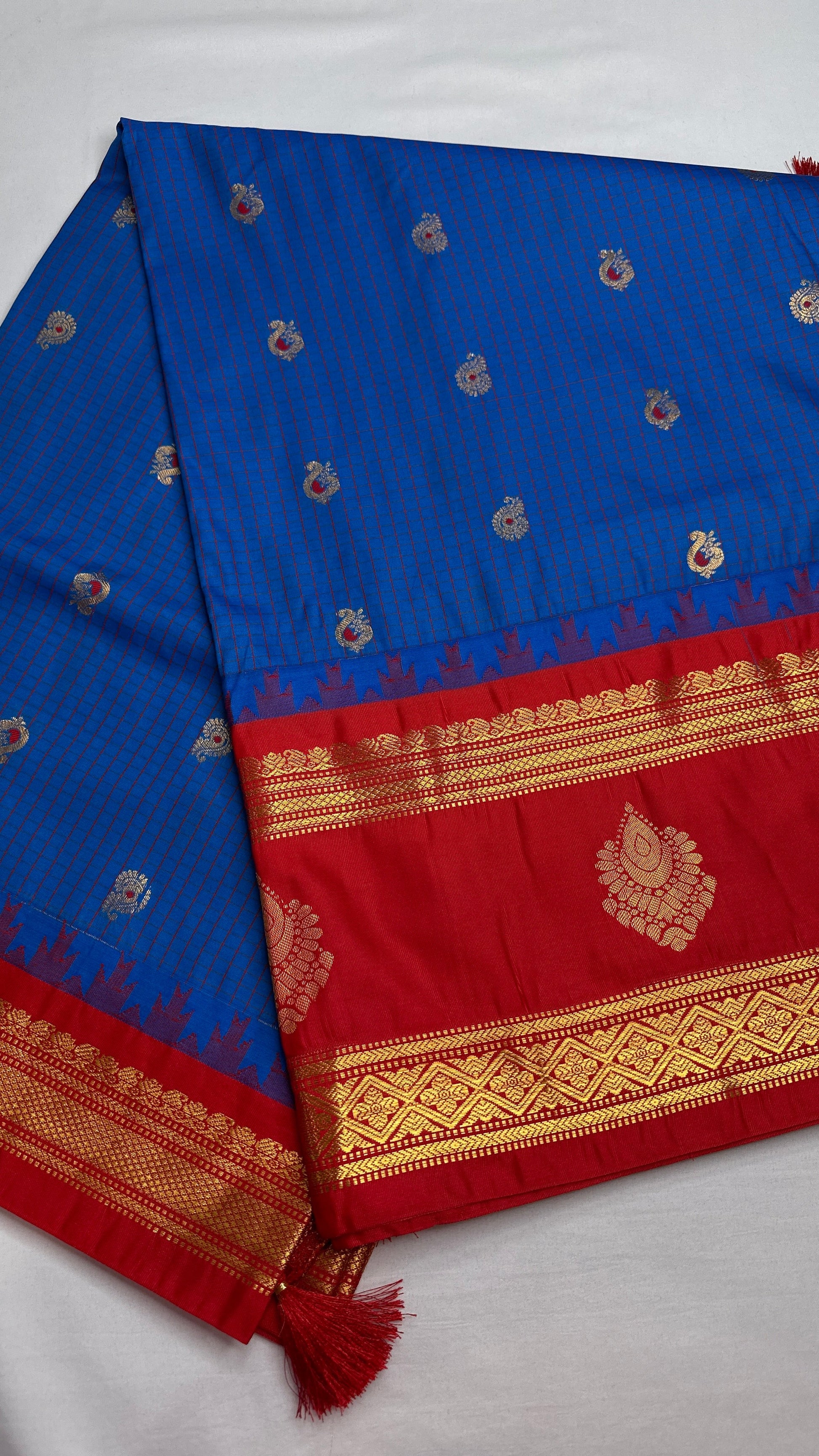 Blue Red Semi Gadwal Silk Saree - 