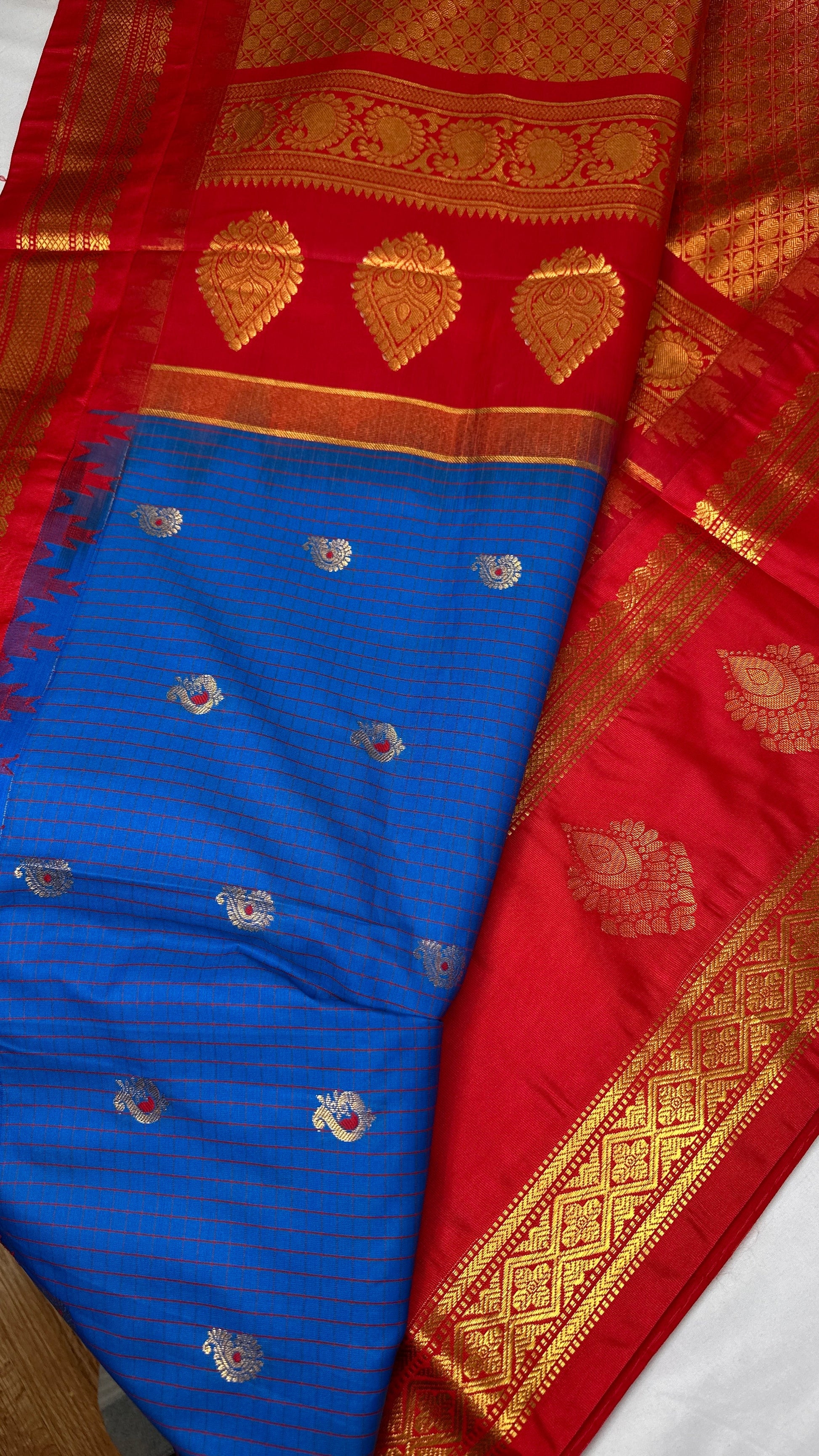 Blue Red Semi Gadwal Silk Saree - 
