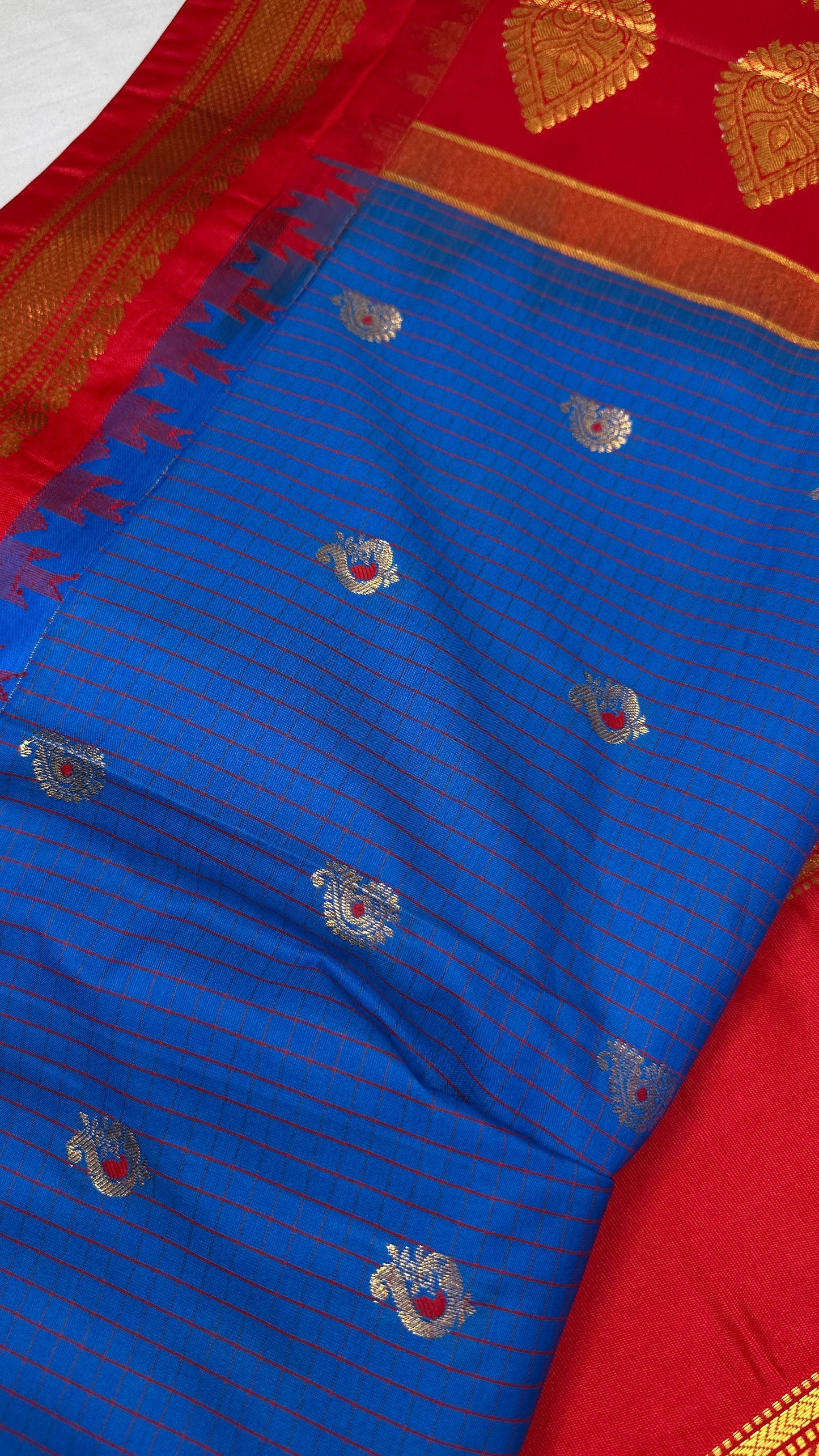 Blue Red Semi Gadwal Silk Saree - 