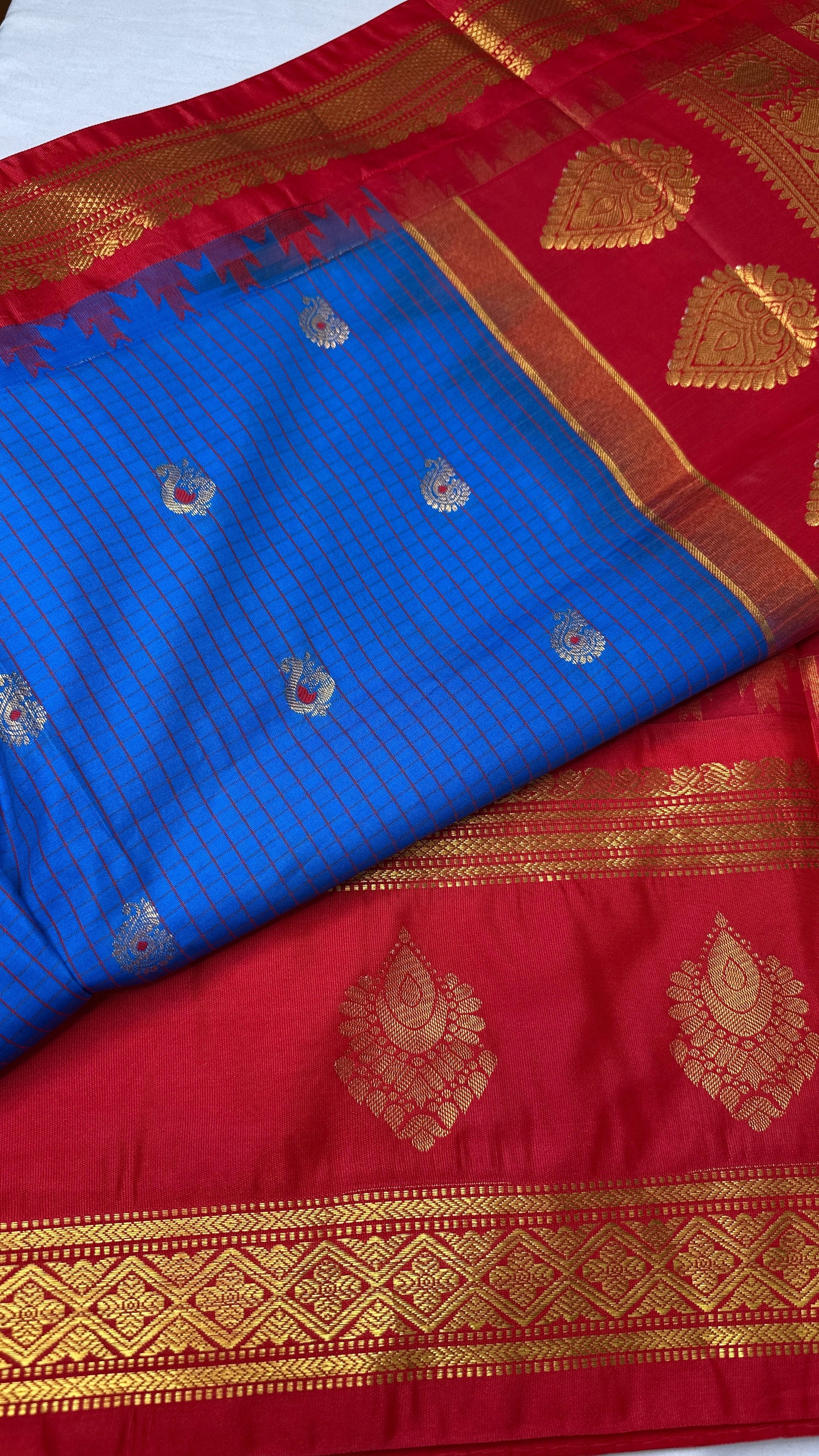 Blue Red Semi Gadwal Silk Saree - 