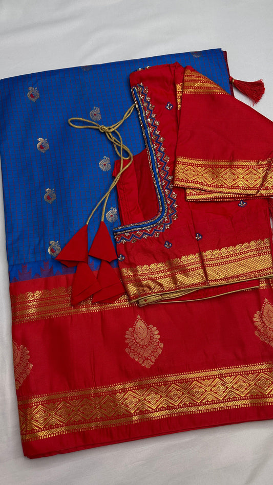 Blue Red Semi Gadwal Silk Saree - 