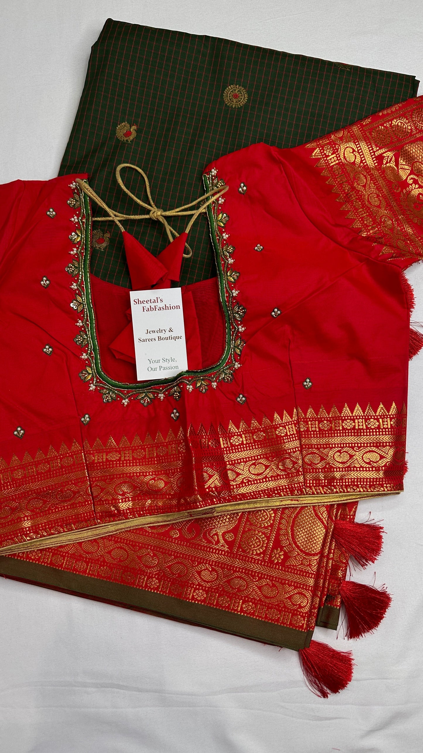 Green Red Check Semi Gadwal Silk  Saree - 