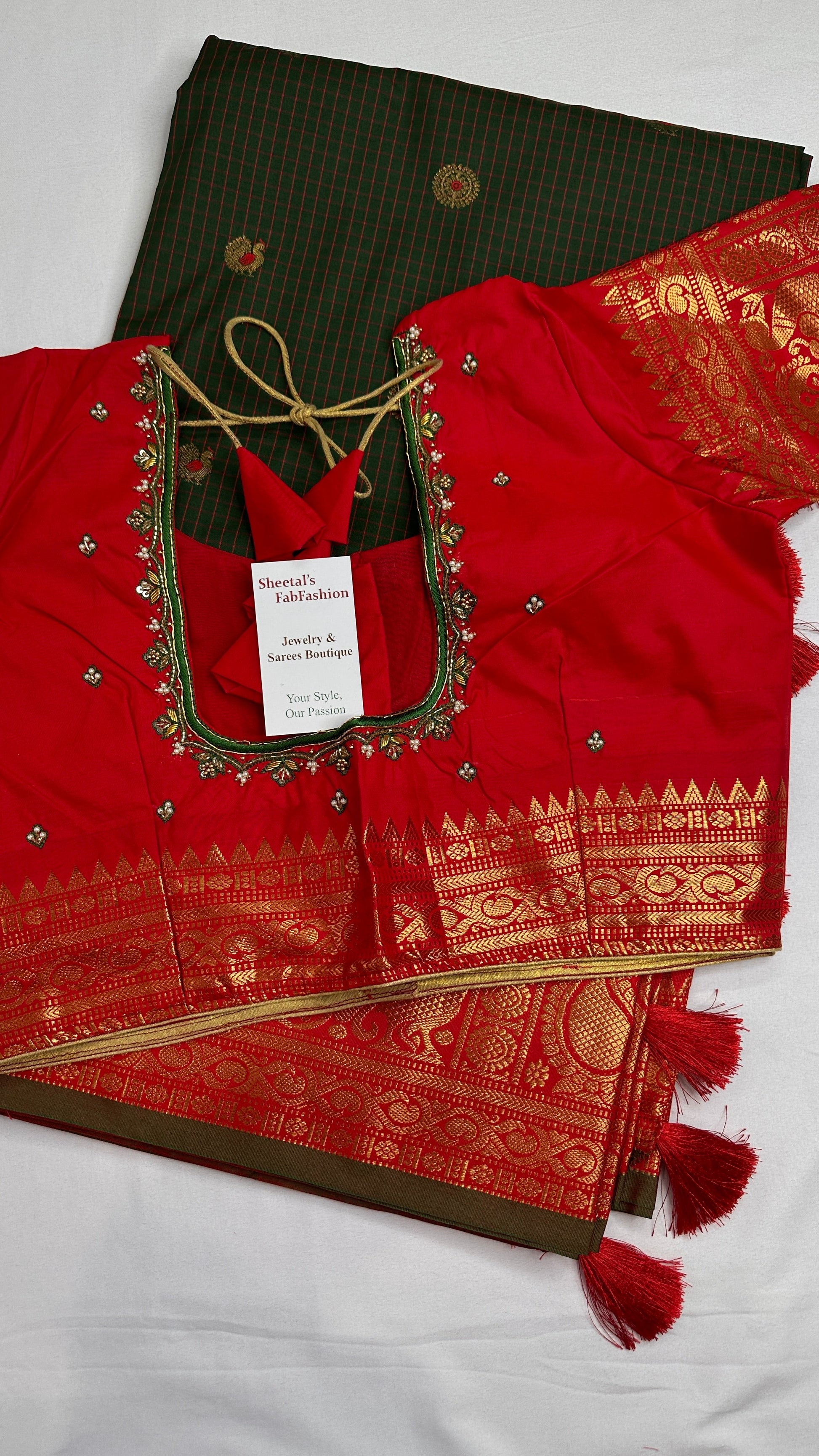 Green Red Check Semi Gadwal Silk  Saree - 