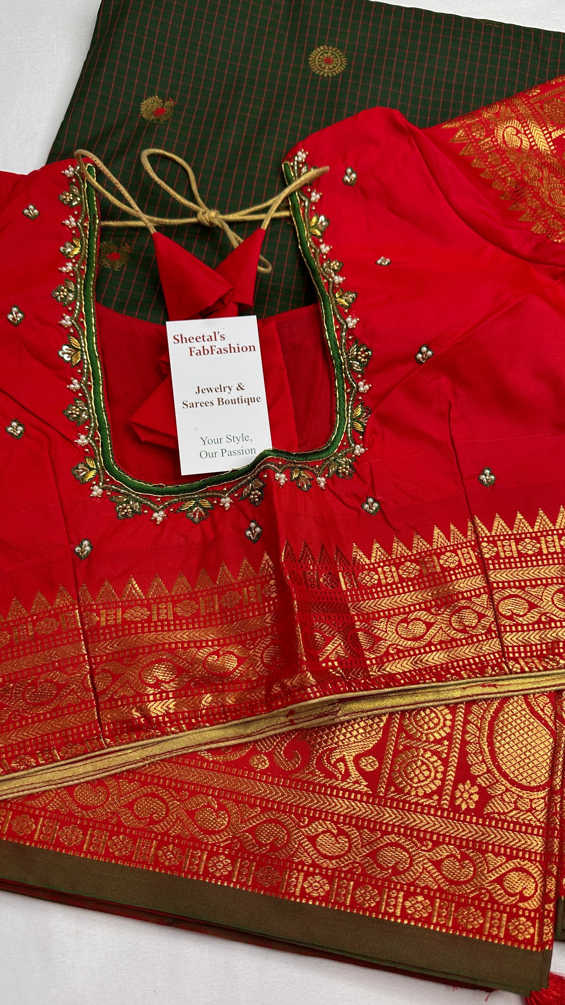 Green Red Check Semi Gadwal Silk  Saree - 